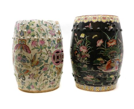 Two Chinese porcelain garden seats,20th century, of drum form, each decorated with birds and flowers or butterflies, between 