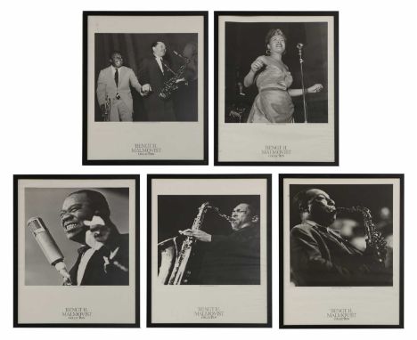 Five Bengt H Malmqvist Collection Jazz posters, of Louis Armstrong, Miles Davis, Lester Young, Billie Holiday, Johnny Hodges,