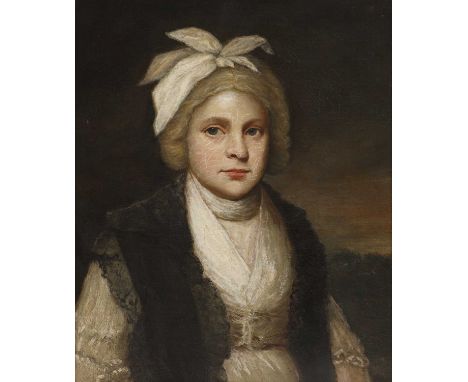 English School, late 18th centuryPortrait of a lady, half-length, in a white dress with a bow in her hairoil on canvas59 x 49