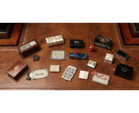 A group of stamps boxes,comprising a French kingwood parquetry box, the brass plaque inscribed 'Timbres-Poste', 8.5cm wide, a