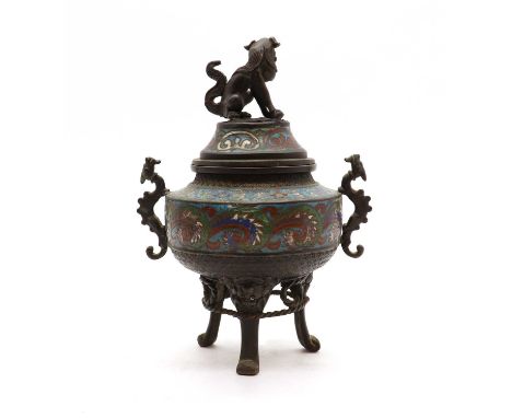 A Japanese cloisonné koro,early 20th century, the compressed globular body enamelled with scrolls, flanked by two dragon hand