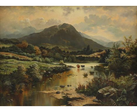 Henry John Livens (1848-1943)A mountainous landscape with cattle watering signed 'H J Livens' l.r., oil on canvas76 x 101cmCo