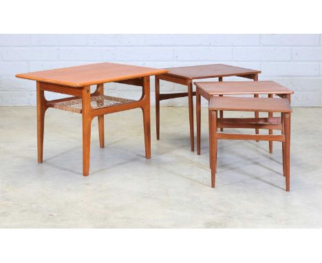 A nest of three Danish side tables,58.5cm wide 39cm deep46.5cm high and a side table, with a wicker undertier, branded 'Trioh