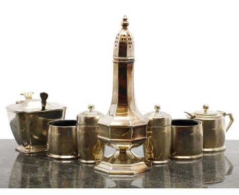 A collection of silver items,comprising a cruet set, by William Neale &amp; Son Ltd, Birmingham 1938, with an associated spoo