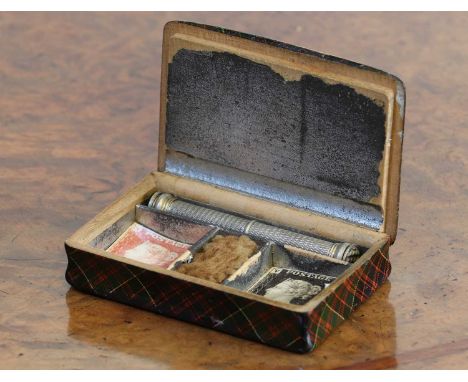 A Tartan Ware converted stamp box,19th century, originally a snuff box, the lid inscribed 'Clanranald', opening to reveal two