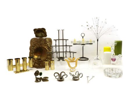 A Erik Hoglund wrought iron and four branch centrepiece, mounted with four glass candle sconces, 30cm high;an Orrefors glass 