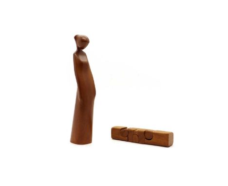 Brian Willsher (1930-2010)a teak puzzle sculpture, 23cm high together with a carved teak sculpture,in the form of a lady, sig