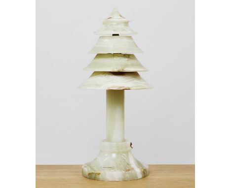 An onyx table lamp, with a conical tapering shade, plain column on a shaped plinth, 39cm highCondition ReportWith plug, nibbl