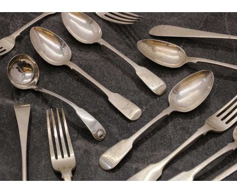 A collection of silver flatware,George III and later, to include a set of three Irish dessert forks, Dublin 1843, a set of si