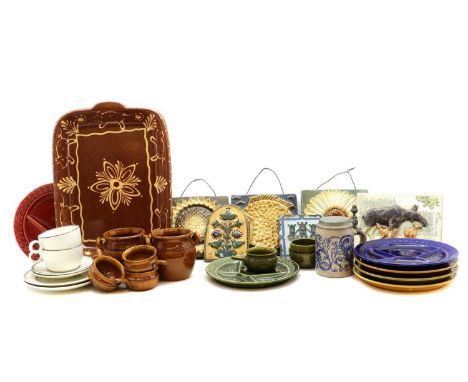 A set of six Sarreguemines glazed dishes,23.5cmtogether with a Swedish Hoganas pottery set, comprising four handles pots and 