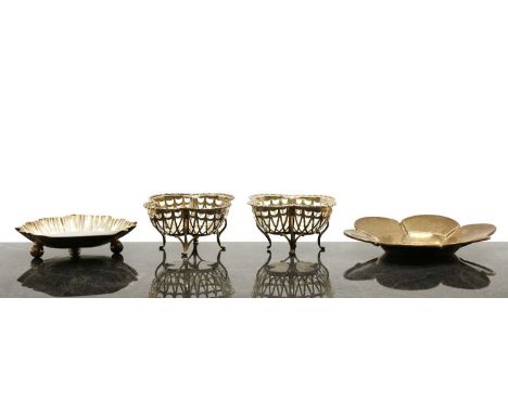 A pair of silver bon bon dishes, by Synyer &amp; Beddoes, Chester 1911, together with a shell form dish,by Horace Woodward &a