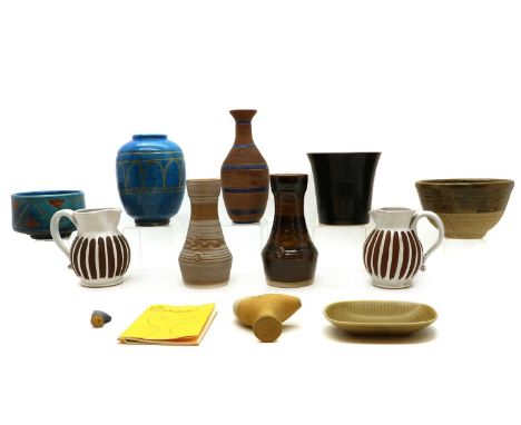 A collection of Swedish and British pottery,to include;two Rye pottery jugs, 13.5 and 14.5cm higha turquoise pottery vase and