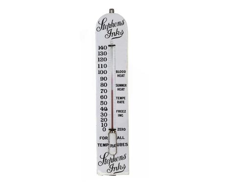 A large Stephens' Ink enamel sign thermometer,mid-20th century, with an arched top, inscribed 'Blood Heat, Summer Heat, Tempe