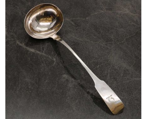 An Irish Britannia standard silver Fiddle pattern soup ladle,18th century, maker's and date marks indistinct, engraved crest 