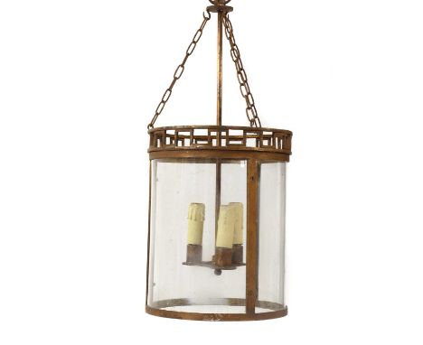 A painted metal hanging hall lantern, with a central chain mounted three light mount, with perspex panels, 23cm diameter51cm 
