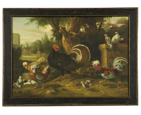 After Jakob BogdaniCockerels, hens, a turkey and other birds in an ornamental garden settingoil on canvas76 x 101.5cmConditio