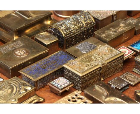 A large collection of brass stamp boxes,19th and 20th century, to guiochelle enamel, shagreen, millefiori, engraved, embossed