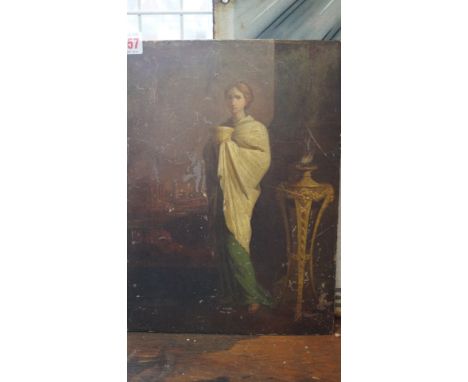 Continental School, 19th century, a classical lady by a lamp, buildings beyond, indistinctly signed, oil on walnut chamfered 