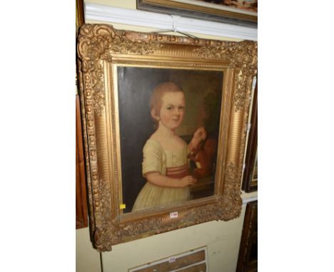 English School, 18th century, half-length portrait of a young boy with a red squirrel in a landscape, unsigned, indistinctly 