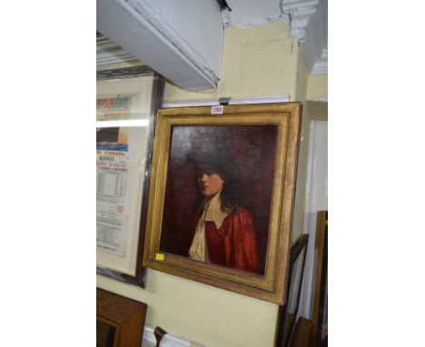 Attributed to E Blair Leighton, head and shoulders portrait of a figure in cavalier dress, oil on canvas, 34.5 x 29cm. 