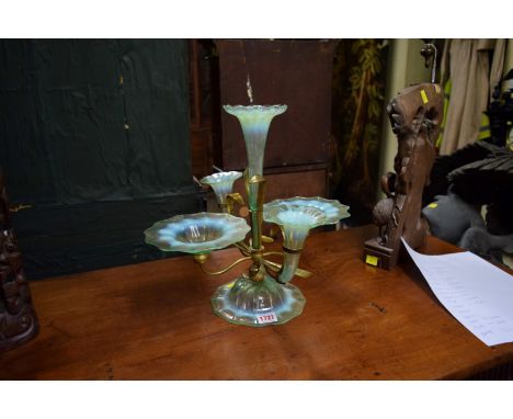 A Victorian vaseline glass and gilt brass epergne, 34cm high.  Condition Report: Three areas underneath have been slightly gr