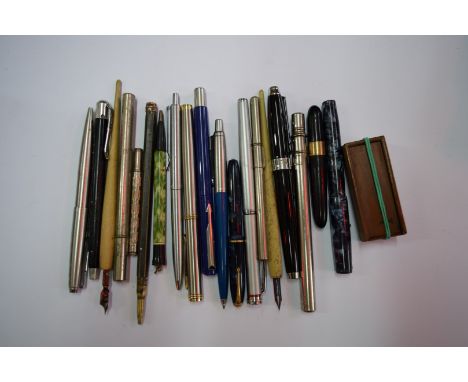 A small quantity of pens and pencils; together with a Brannan thermometer and case. 