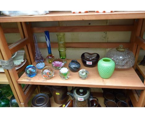 A small quantity of clear and coloured glass, to include paperweights; and a cut glass oil lamp reservoir.