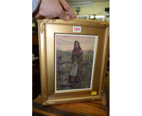 R T Minchull, 'Country girl at a stile', signed, watercolour, 24 x 16cm.