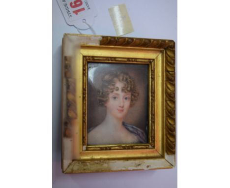 English School, 19th century, head and shoulders portrait miniature of a lady, on ivory, 6.5 x 5cm. 