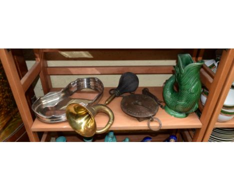 A mixed lot, comprising: an electroplated kidney form dish; a brass horn; a Salter scale; a Dartmouth pottery fish vase; anot