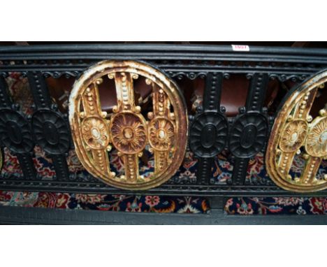 A Victorian cast iron bench, 191cm wide, (s.d.). Condition Report: The bench looks and stands well from first glance.  Howeve