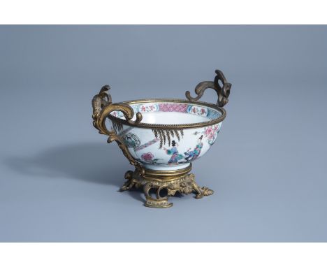 Title: A Chinese gilt bronze mounted famille rose 'Romance of the Western Chamber' bowl, YongzhengDescription: H 15,4 - L 22 