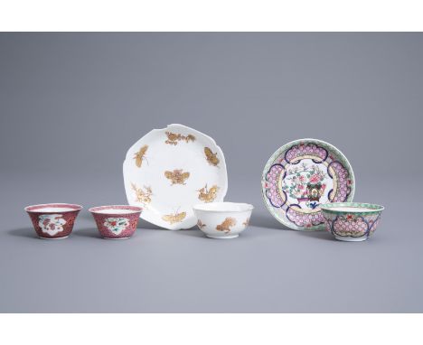 Title: Four Chinese famille rose and gilt decorated cups and two saucers, YongzhengDescription: Dia.: 13,2 cm - 11,3 cm (the 