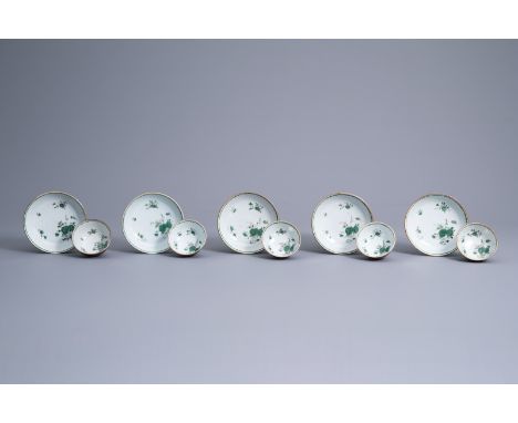 Title: Five Chinese famille verte Batavian ware cups and saucers with floral design, QianlongDescription: Dia.: 12 cm (the sa