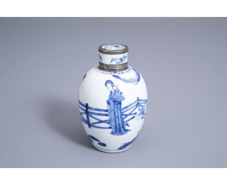 Title: A Chinese blue and white silver mounted 'Long Eliza' tea caddy, KangxiDescription: H 15 cm