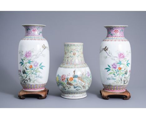 Title: Three Chinese famille rose vases with birds among blossoming branches, 20th C.Description: H 44 - 37 cm (the tallest a