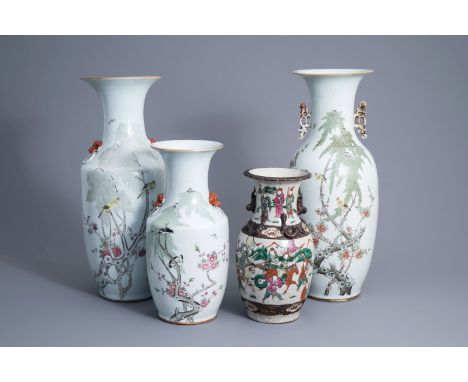 Title: Three Chinese qianjiang cai vases with birds among blossoming branches and a Nanking crackle glazed famille rose vase,