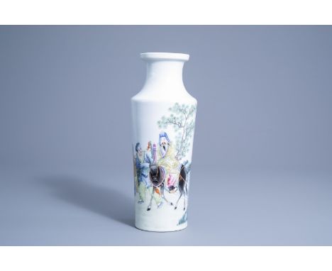 Title: A Chinese famille rose rouleau vase with figures in a landscape, seal mark, 20th C.Description: H 33,5 cm