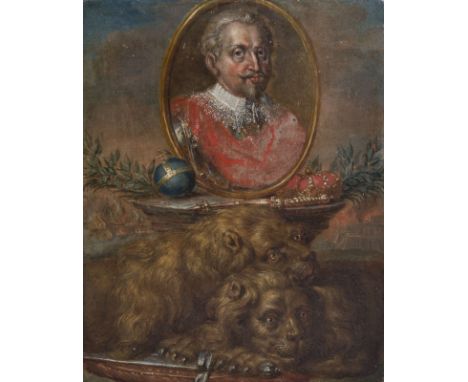 Title: Flemish school: Portrait of Gustavus Adolphus of Sweden with symbols of the royal power, oil on copper, 17th C.Descrip