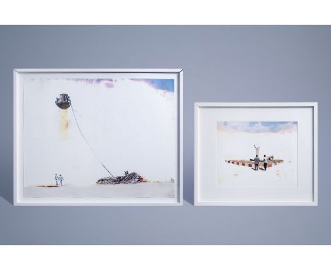 Title: Curtis Mann (1979): Two various works, mixed media on paperDescription: * 'Loudspeaker (Beirut)', clear acrylic varnis
