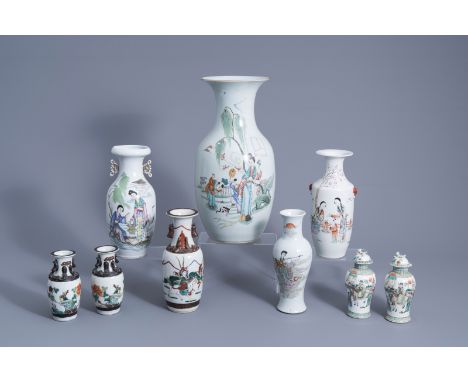 Title: Nine various Chinese famille rose, verte and Nanking vases, 19th/20th C.Description: H 43,2 cm - 17,3 cm (the tallest 