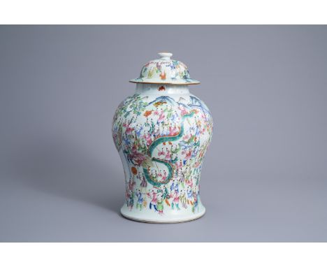 Title: A Chinese famille rose '100 boys' vase and cover, 19th C.Description: H 42 cm