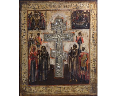 Title: A large Russian Stavrotek icon with depictions of the descent from the cross and the entombment of Christ, mid 19th C.