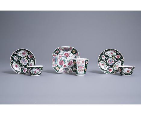 Title: Three Chinese black ground famille rose cups and saucers with floral design, QianlongDescription: Dia.: 12,9 cm - 10,9
