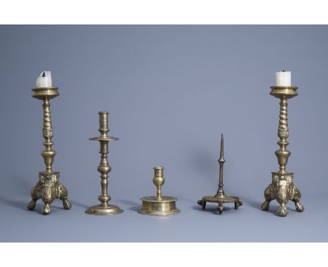 Title: Five various brass and bronze candlesticks, the Netherlands, 16th C. and laterDescription: H 43,5 - 14 cm (the tallest