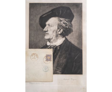 Title: A framed engraving of the portrait of Richard Wagner and an accompanying autograph, 19th C.Description: Work: 32,5 x 2