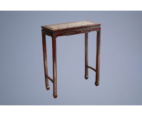 Title: A Chinese hard wooden console table with marble top, 19th/20th C.Description: H 90 - L 71,5 - D 31,5 cmÊ 61 x 21 cm (t