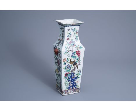 Title: A square Chinese famille rose vase with birds on blossoming branches all around, Kangxi mark, 19th C.Description: H 40
