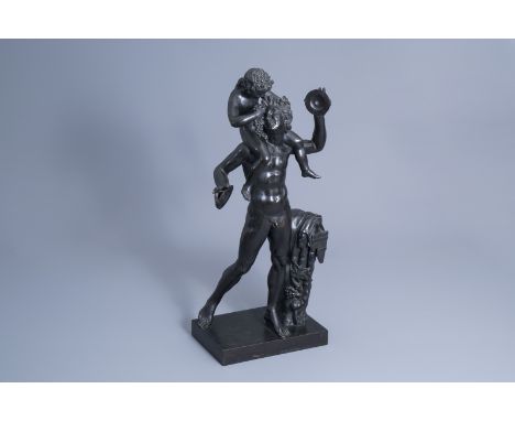 Title: Sabatino de Angelis (1838-?): Young Bacchus and a faun making merry, patinated bronze, dated 1907Description: H 70 cmÊ