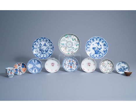 Title: Three Chinese plates, seven saucers and two cups in famille rose, verte, blue, white and Imari style porcelain, Kangxi